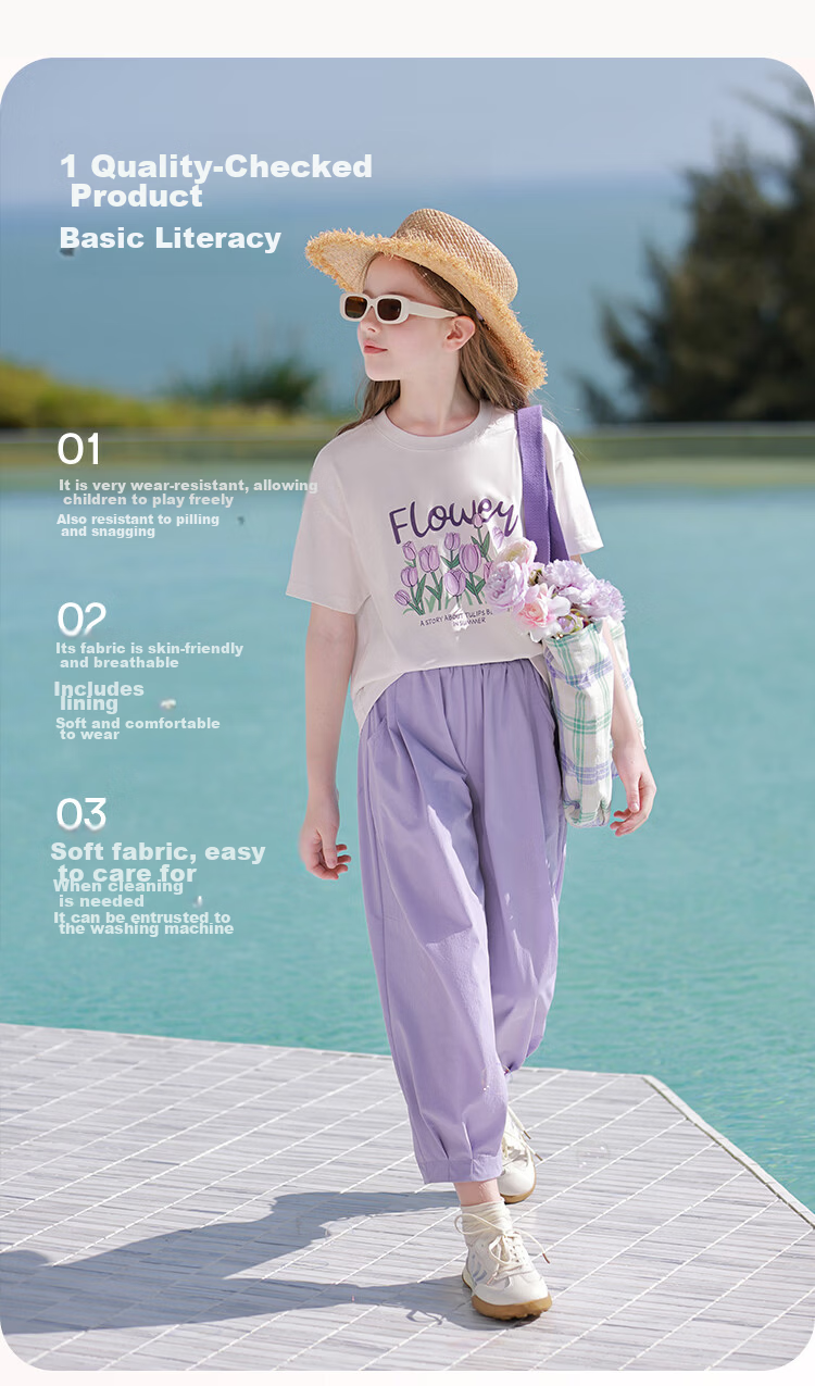 CHANZUIGOU Girls' Printed Summer Set 2026 - Trendy Children's Short Sleeve T-Shirt and Pants Sports Two-Piece Set 4